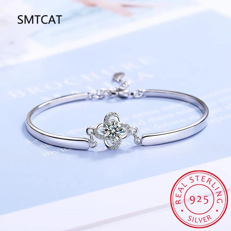 1Ct Moissanite 4 Leaf Clover Bracelet 925 Silver Charms For Women