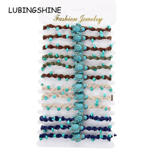 12pcs Stone Tortoise Charms Yoga Bracelet Set Adjustable Cord
