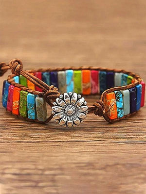Sunflower Colorful Stone Beaded Wrap Bracelet Hollow Round Beads Bracelet
