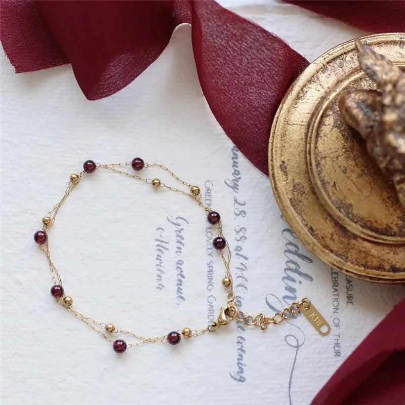 Burgundy Garnet Bead Chain Bracelet, Stainless Steel