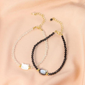 Cat Head Shell Charm Bracelet Natural Mother of Pearl Beaded Bangle Anklet