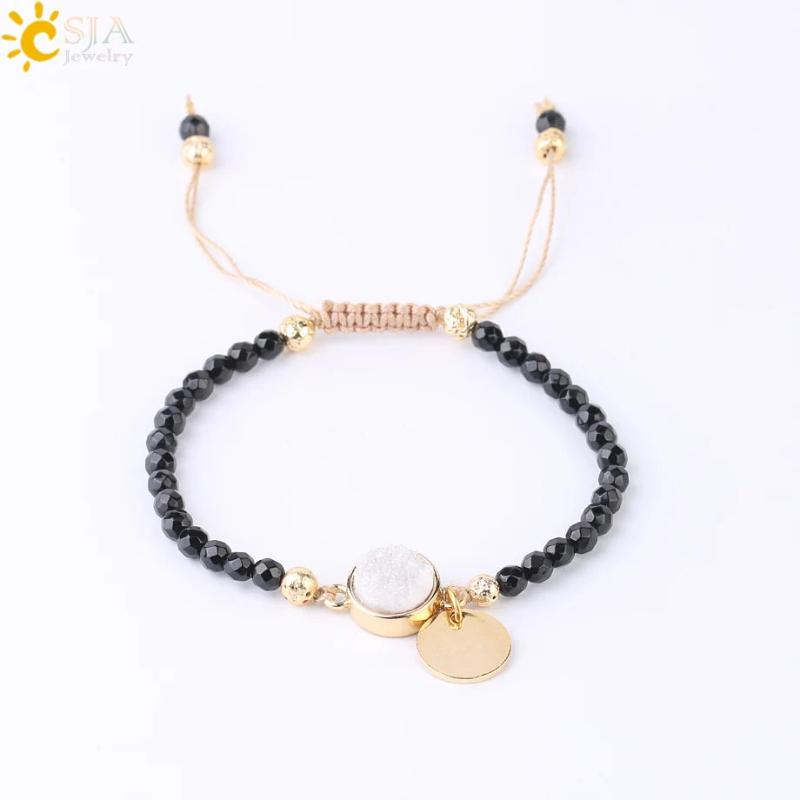 CSJA Tourmaline Geode Drusy Bead Bracelet for Men Women