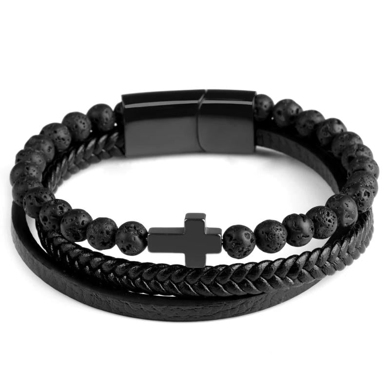 Stone Beads Cross Bracelets Leather Braided Magnetic Clasp Bangle