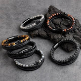 Stone Beads Cross Bracelets Leather Braided Magnetic Clasp Bangle