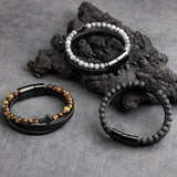 Stone Beads Cross Bracelets Leather Braided Magnetic Clasp Bangle