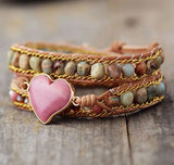 Heart Shape Wrap Bracelets with Jaspers Crystal Leather Chain Bracelet