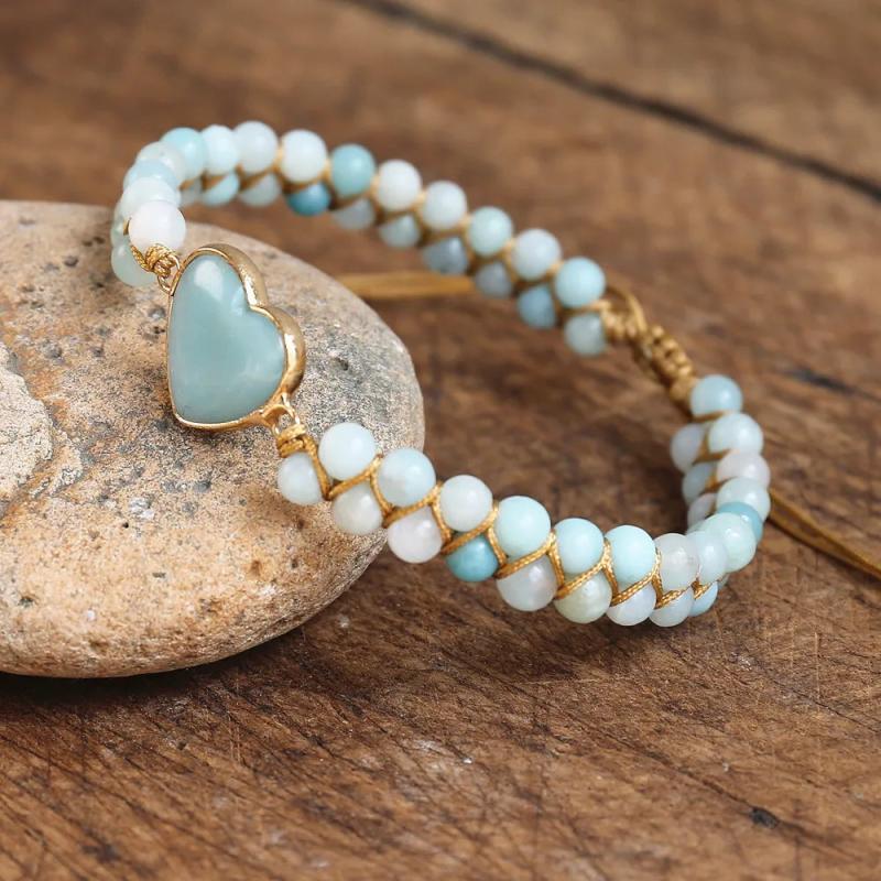 Amazonite Heart Charm Bracelet Macrame Lover Wrap Jewelry
