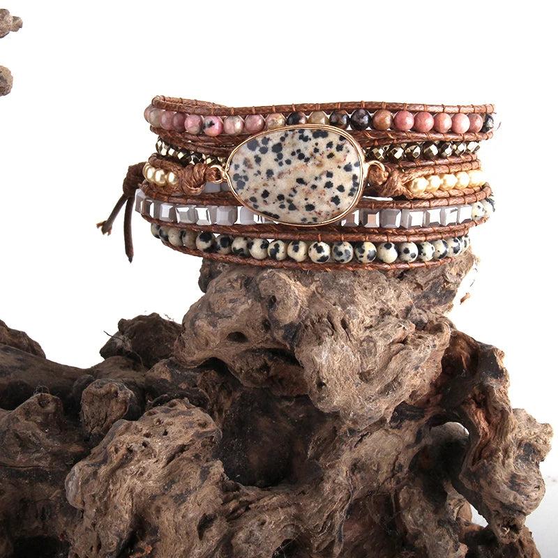 Boho Beaded Bracelet Mixed Natural Stones & Crystal Stone Charm 5 Strands Wrap