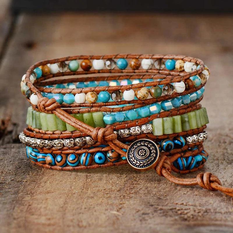 Bohemian Wrap Bracelet w/ Natural Stones & Metal Beads