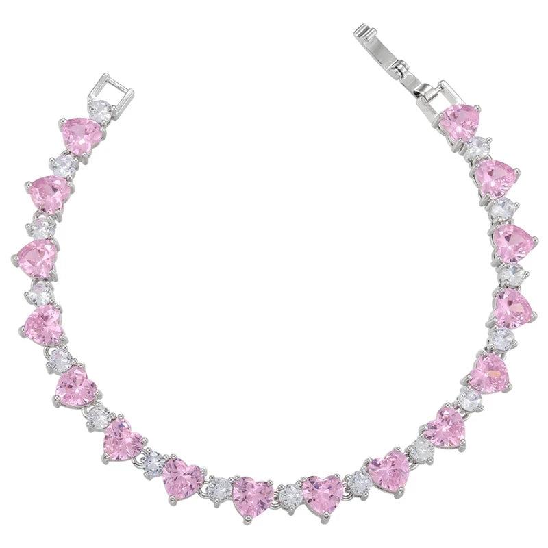 Infinity Heart Tennis Bracelet Pink Crystal Stone Silver Jewelry