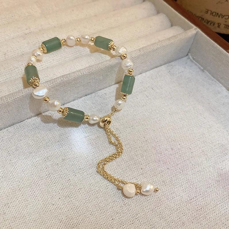 Freshwater Pearl & Jade Stone 14K Filled Charm Bracelet