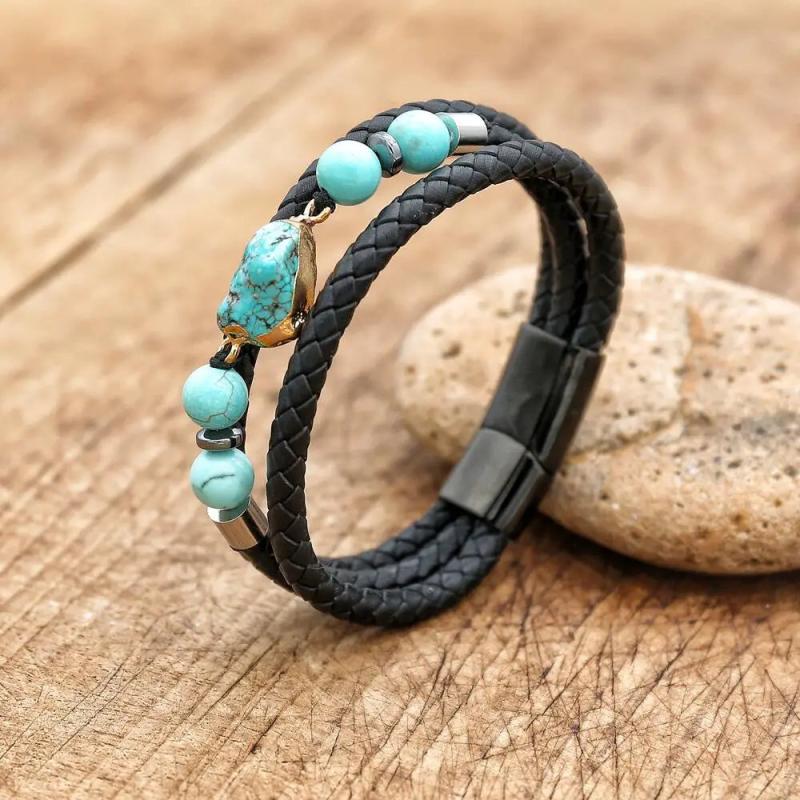 Stainless Steel Charm Turquoise Stone Leather Bracelet