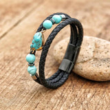 Stainless Steel Charm Turquoise Stone Leather Bracelet