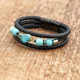 Stainless Steel Charm Turquoise Stone Leather Bracelet