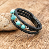 Stainless Steel Charm Turquoise Stone Leather Bracelet