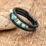 Stainless Steel Charm Turquoise Stone Leather Bracelet
