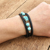 Stainless Steel Charm Turquoise Stone Leather Bracelet