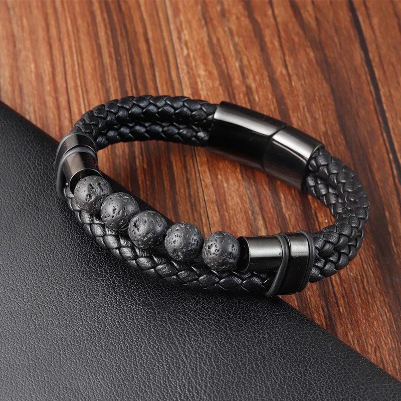 Men's Leather Bracelet with Natural Stone Beads