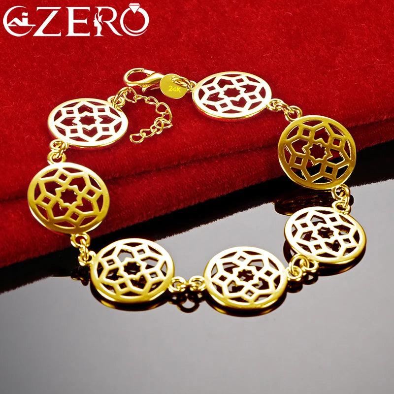 ALIZERO 24K Round Flower Bracelet Chain For Women Jewelry