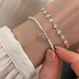 925 Silver Heart Pink Heart Link Adjustable Bracelet
