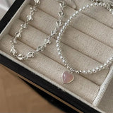 925 Silver Heart Pink Heart Link Adjustable Bracelet