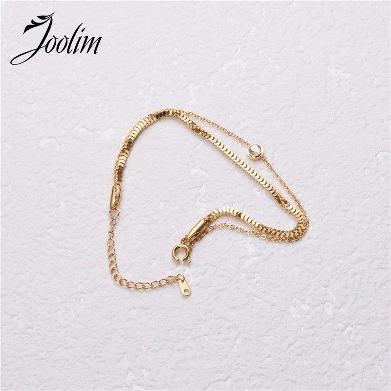 Double Layered Box Chain CZ Charm Bracelet
