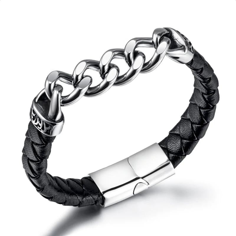 Stainless Steel Chain Leather Bracelet for Men