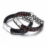Stainless Steel Chain Leather Bracelet for Men