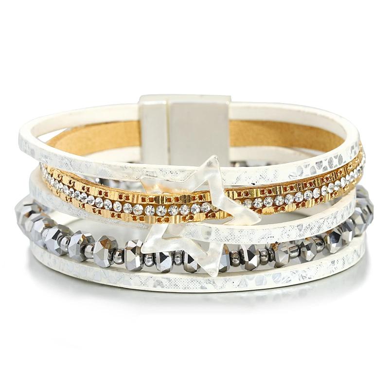Rhinestone Stars Charm Bracelet Crystal Beads Leather Wrap Bracelet