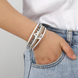 Rhinestone Stars Charm Bracelet Crystal Beads Leather Wrap Bracelet