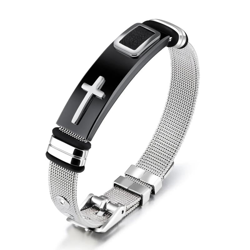Adjustable Length Bracelet Stainless Steel Mesh Band Christ Cross Prayer Jewelry