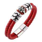 Red Braided Leather Men Bracelet Skull Bangle