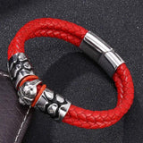 Red Braided Leather Men Bracelet Skull Bangle