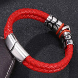 Red Braided Leather Men Bracelet Skull Bangle