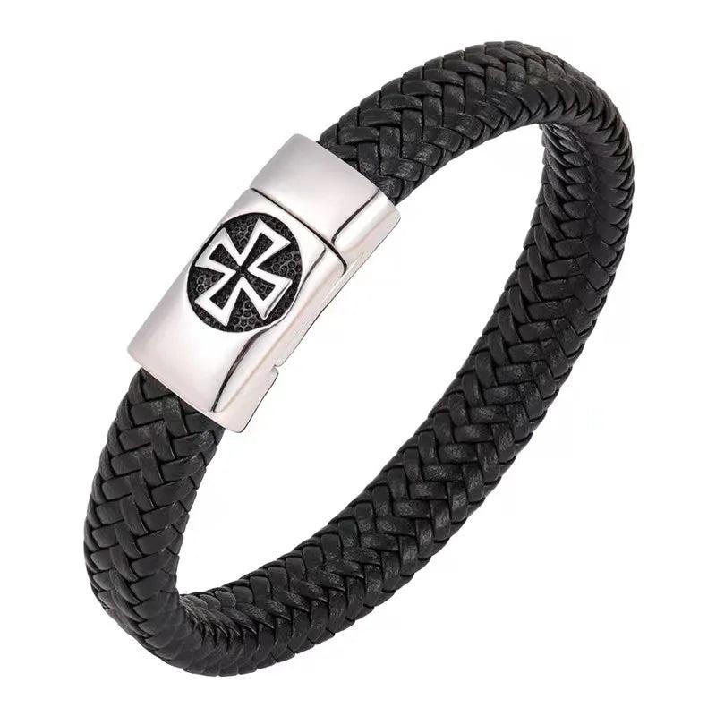 Punk Men Braided Leather Bracelet Cross Stainless Steel Clasp Charm Wristband