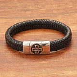Punk Men Braided Leather Bracelet Cross Stainless Steel Clasp Charm Wristband