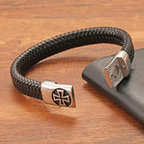 Punk Men Braided Leather Bracelet Cross Stainless Steel Clasp Charm Wristband