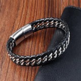 Braided Rope Leather Bracelet Punk Style Stainless Steel Bangle