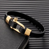 Men Women Stainless Steel U-Shaped Biker Leather Bracelet