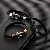 Men Women Stainless Steel U-Shaped Biker Leather Bracelet