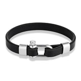 Men Women Stainless Steel U-Shaped Biker Leather Bracelet