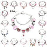 Pink Flower Heart Charm Bracelets Pink Crystal Bead Bracelet
