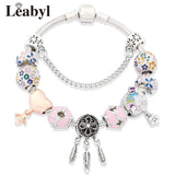Pink Flower Heart Charm Bracelets Pink Crystal Bead Bracelet