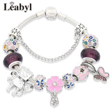 Pink Flower Heart Charm Bracelets Pink Crystal Bead Bracelet
