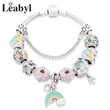 Pink Flower Heart Charm Bracelets Pink Crystal Bead Bracelet
