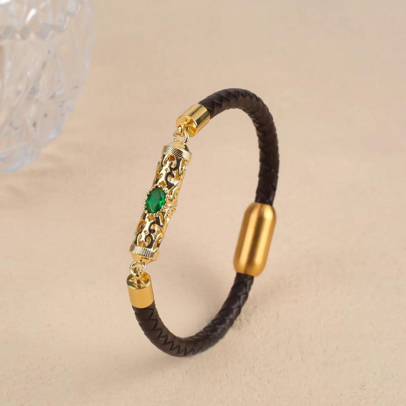Plated Dragon Column Bracelet Brown Leather Braided Bangle