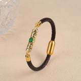 Plated Dragon Column Bracelet Brown Leather Braided Bangle