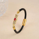 Plated Dragon Column Bracelet Brown Leather Braided Bangle