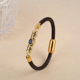 Plated Dragon Column Bracelet Brown Leather Braided Bangle