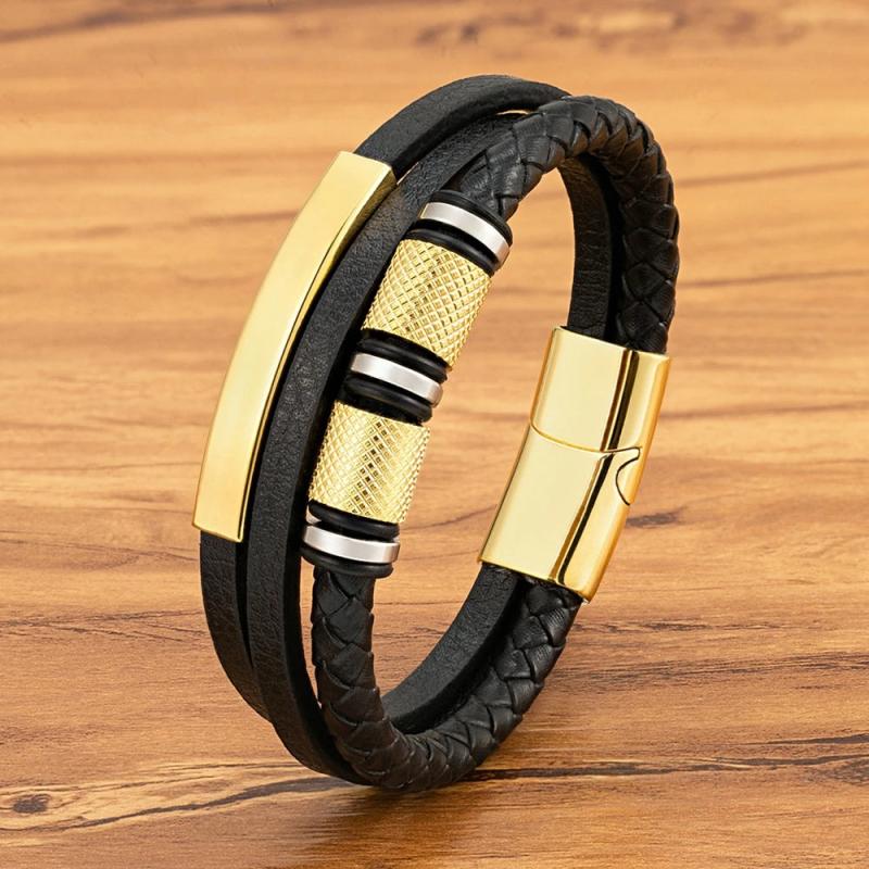 Leather Bracelet Rope Men Stainless Steel Bead Magnetic Clasp Bangle